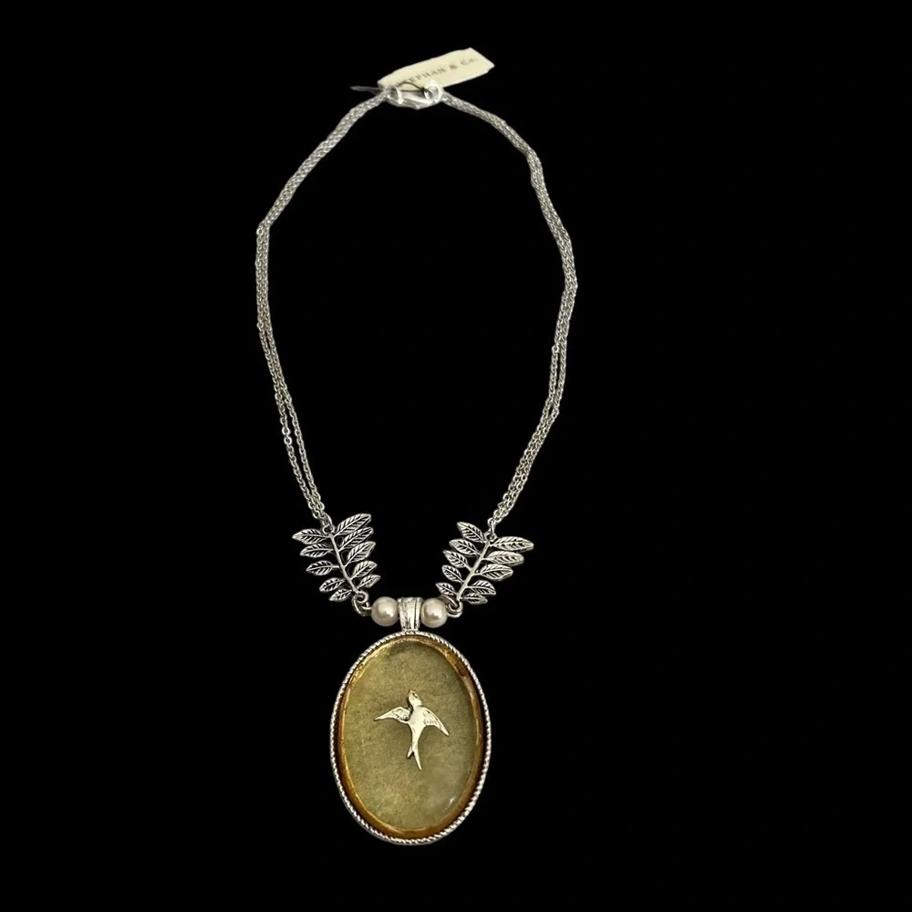 Double Slivertone Chain w/ Leaf & Faux Pearl & Gold/Yellow Pendant & Silver Bird